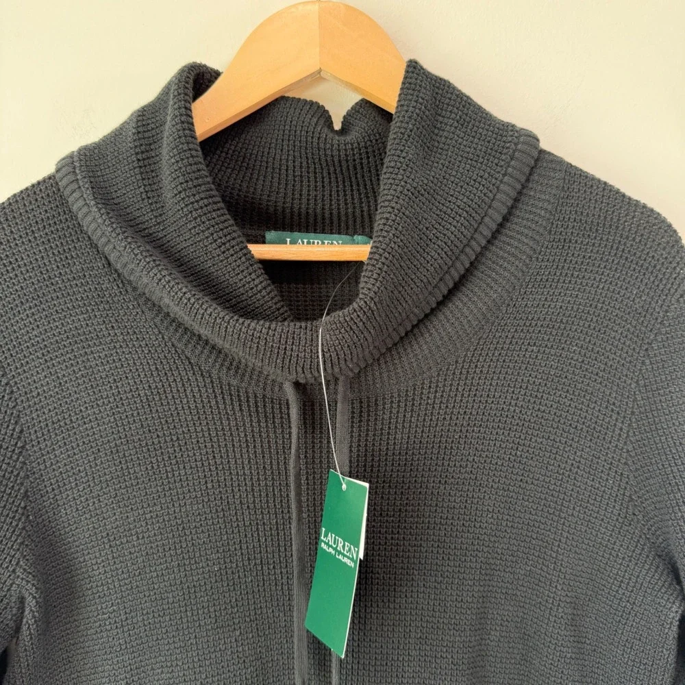 NWT Ralph Lauren Drawstring Cowl Neck Sweater‎ Sz M Black Combed Cotton Slouchy